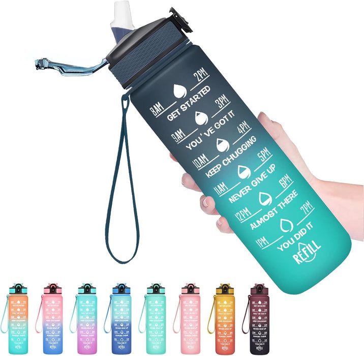 Water Bottle with Time Markers – BPA-Free, Leak-Proof, Reusable, Perfect for Kids, Sports, Gym, Fitness, Office & Daily Use (Dark Blue-Green, 1 Litre/32oz)