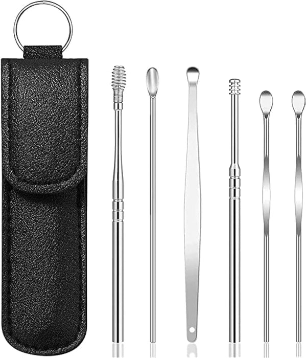 6-in-1 Earwax Removal Kit, Ear Pick Ear Cleansing Tool Set, Stainless Steel Ear Curette Spiral Ear Wax Remover Tool with Storage Bag for Travelling
