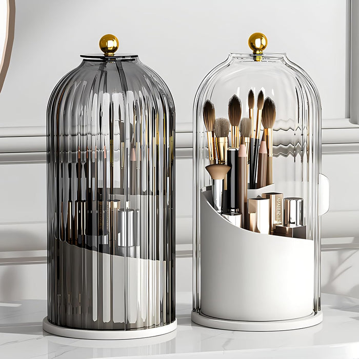 FOREENIU Modern Transparent Black Makeup Brush Holder Organizer with 360° Rotating Clear Dust Cover, 3 Compartment Cosmetic Organizer for Vanity, Desktop, Bathroom