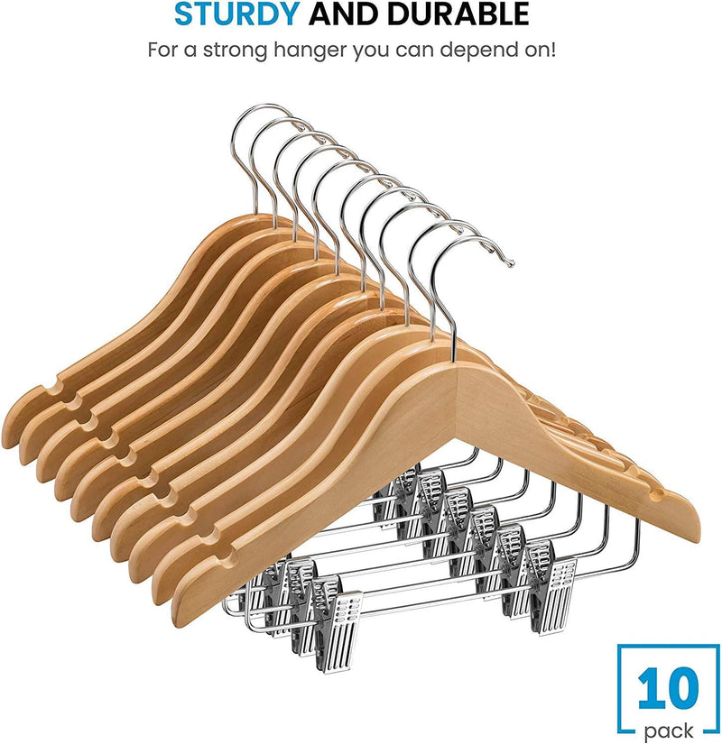 High-Grade Wooden Childrens/Kids Hangers with Clips (10 Pack) Smooth & Durable Wood Baby Hangers/Nursery Hangers - 12.5 Inch - 360° Hook & Cut Notches- Great Toddler Hanger for Dress Skirts Pants