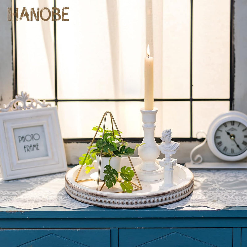 Hanobe Decorative Serving Tray Wood: White Washed Bead Round Tray Decor for Coffee Table Rustic Wooden Trays Farmhouse Centerpiece for Living Room Kitchen Counter