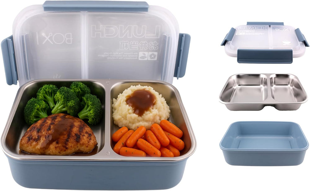 Stainless Steel Bento Lunch Box with 2 Compartments - Insulated, Leak Proof Bento Box for Kids, Adults Airtight Tiffin Lunchbox for Office, School (BLUE)