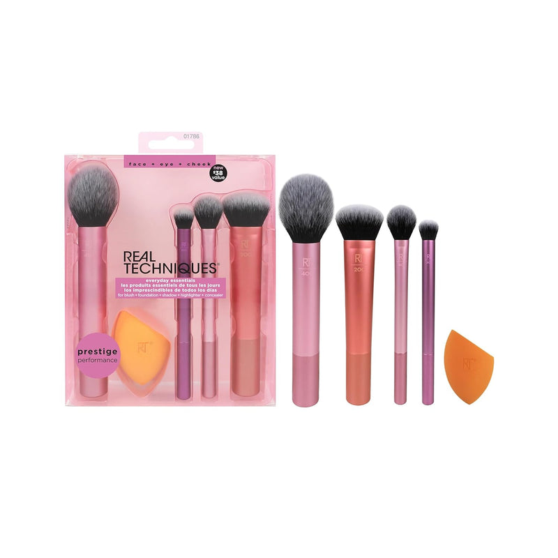 REAL TECHNIQUES The Everyday Essentials set from gives you 5 essential tools to master any look tapered, soft and fluffy bristles. Blend powder blush evenly for a smooth, natural look