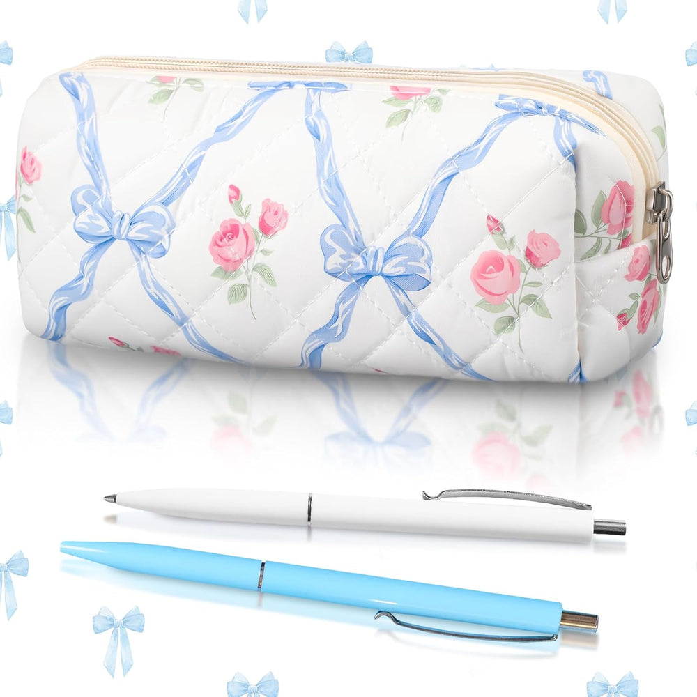 Sherr Coquette Bow Pencil Case Pink Bow Cute Pencil Pouch Soft Cotton Storage Bag Aesthetic Pattern Gift Makeup Pouch Cosmetic Travel Bag for Women