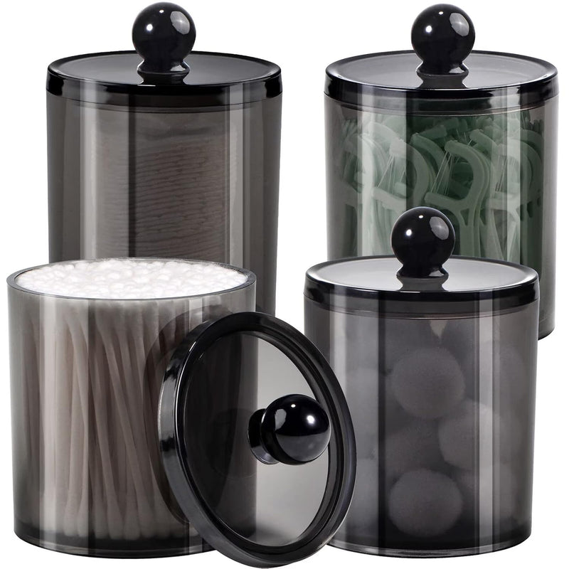 SheeChung 4 Pack Plastic Acrylic Bathroom Vanity Countertop Canister Jars with Storage Lid, Apothecary Jars Qtip Holder Makeup Organizer for Cotton Balls,Swabs,Pads,Bath Salt(Black, 10&12oz)