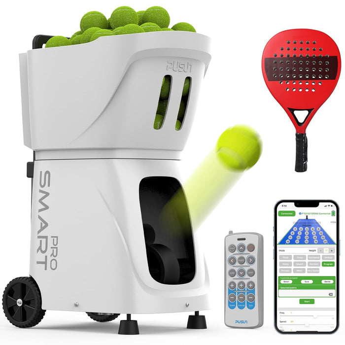 PT-SMARTPro Padel Ball Machine, Smart Ball Launcher with App Control, 20-Point Programming, 12 Serve Modes, Random Ball Function, Skill Levels