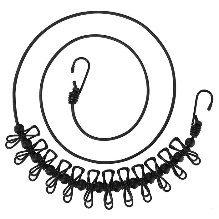 Yansanido Pack of 1 Portable Clothesline with 12pins with 13pcs Black Clips Adjustable Stretchy Travel Elastic Clothesline Elastic Laundry Clothes line (Black)