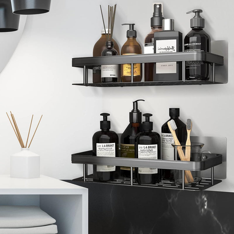 INFOSUN 2PCS Bathroom Shower Shelf, No Drilling Shower Shelf for Bathroom Storage, Can be wall-mounted without holes for Bathroom, Toilet, Shower, kitchen Accessories, with 1 Soap Dishes(2Pack,Black)