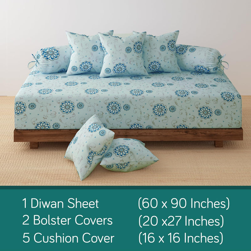 HOKIPO Cotton Feel Brushed Microfiber 145 GSM Printed 8 Pcs Diwan Set with 1 Bedsheet 60x90 Inches|2 Bolster Covers 20x27 Inches|5 Pillow Covers 16 Inches (D5-IN-778), Multicolor