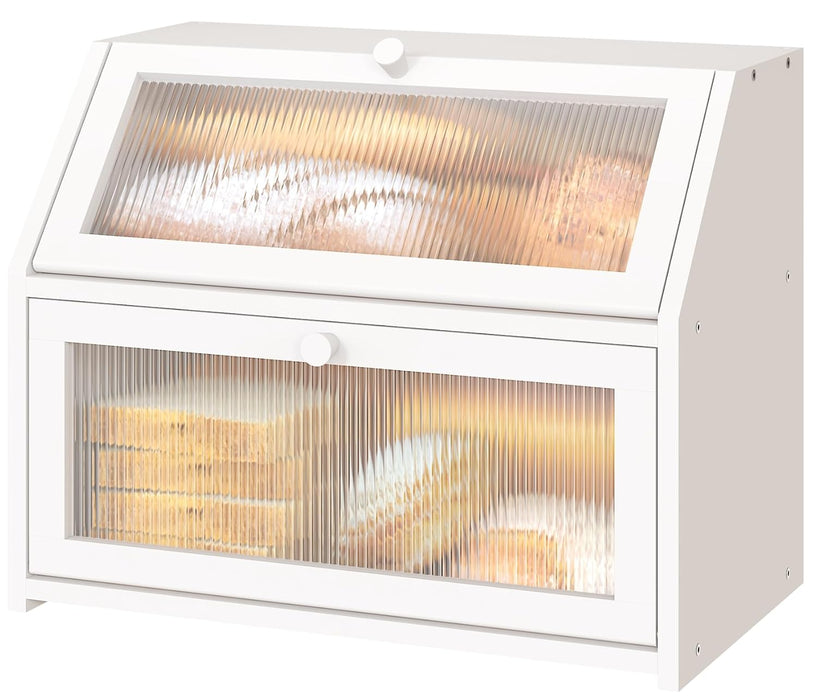 Vriccc White Bread Box for Kitchen Counter, Large Bamboo Wood Double Layer Bread Box, Wooden Bread Storage Capacity