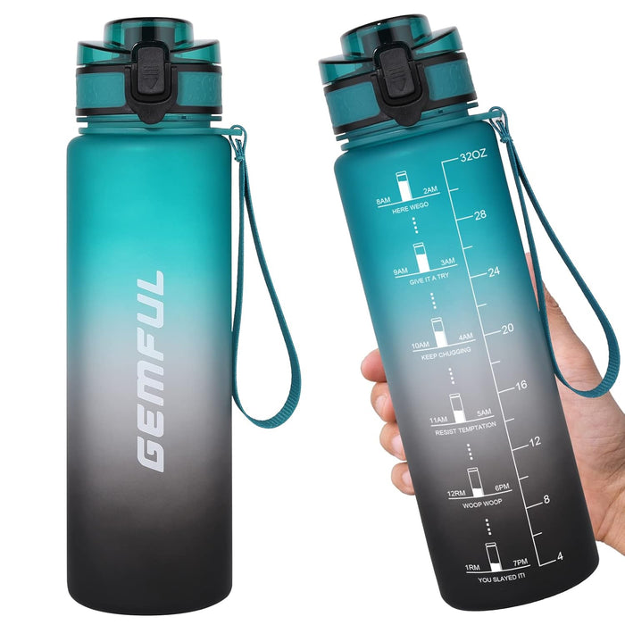 GEMFUL Water Bottle 1L with Straw Time Marker Tritan BPA Free for Fitness Gym Outdoor Sports (Green/black)