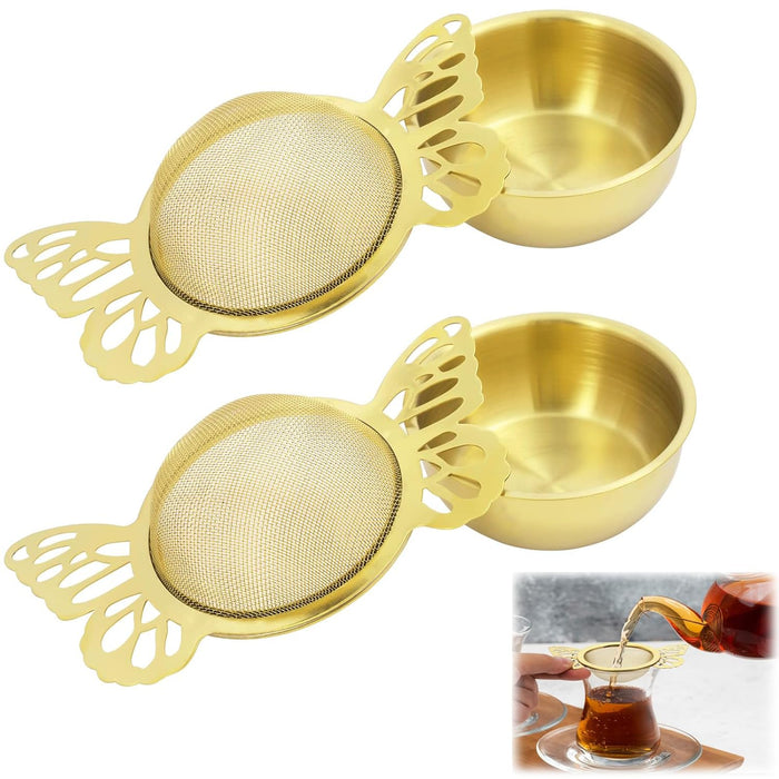 SYOSI 2 Pieces Tea Strainers with Drip Bowl, Fine Mesh Stainless Steel Loose Leaf Tea Filter with Butterfly Handle Reusable Tea Interval Diffuser for Loose Leaf Coffee Herbal Spice Juice Filter (Gold)