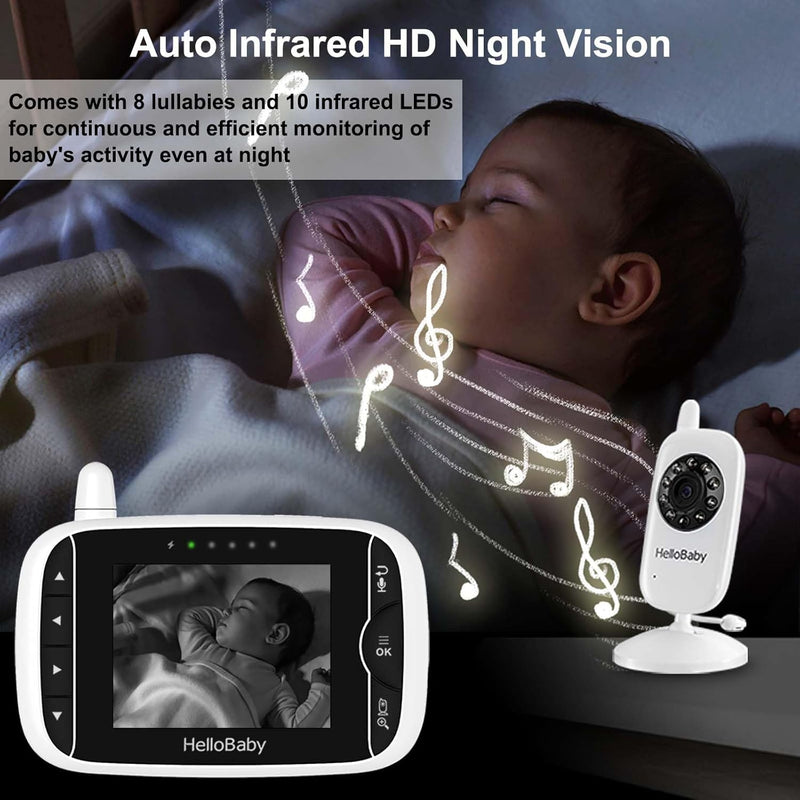 HelloBaby Baby Monitor Camera and Audio, 3.2 Inch Video Baby Monitor No WiFi,2-Way Talk, AUTO Night Vision, VOX Sound Activated Screen, Temperature Monitoring, 8 Lullabies and 1000ft Range,8 Languages