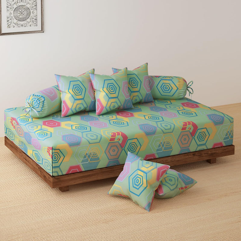 HOKIPO Cotton Feel Brushed Microfiber 145 GSM Printed 8 Pcs Diwan Set with 1 Bedsheet 60x90 Inches|2 Bolster Covers 20x27 Inches|5 Pillow Covers 16 Inches (D5-IN-778), Multicolor