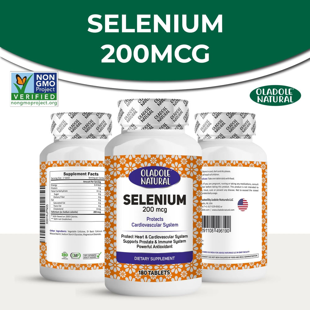 Oladole Natural Selenium- 200mcg (180 Tablets) Antioxidant Powerhouse For Immune System, Thyroid Support, Heart Health, Boost Energy Levels, Metabolism Support Non- GMO, Gluten Free