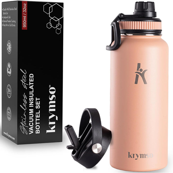 KRYMSO, 950ml Stainless Steel Water Bottle, Sports bottle with Straw, Spout Lid, Protective Boot, Insulated Water Bottle, Thermos Flask, Hot Water bottle for kids (Peach Pink, 950ml / 32oz)