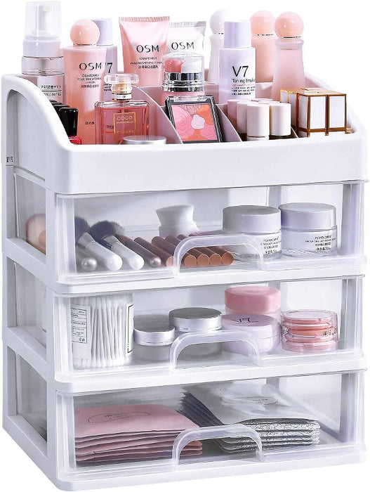 Makeup Organizer for Vanity, Skincare Organizers with 3 Drawers, Cosmetics Organizer for Skin Care, Eyeshadow, Brushes, Lipstick, Powders, Nail Polish.Great for Dresser, Bedroom, Bathroom (White)