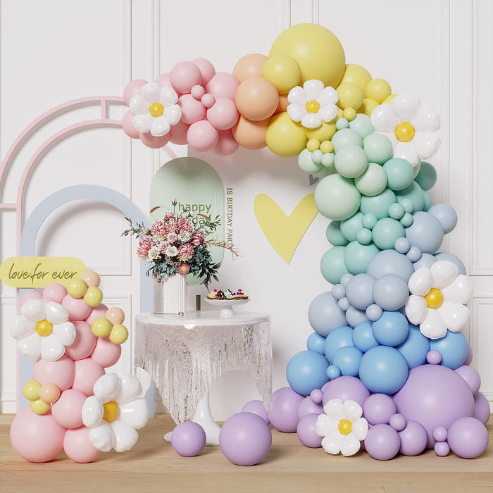 AM ANNA Daisy Balloon Garland Arch Kit, 161 Pcs White Groovy Daisy Flower Macaron Rainbow Balloon Arch Kit for Baby Shower Daisy Theme Wedding Girls Birthday Decorations