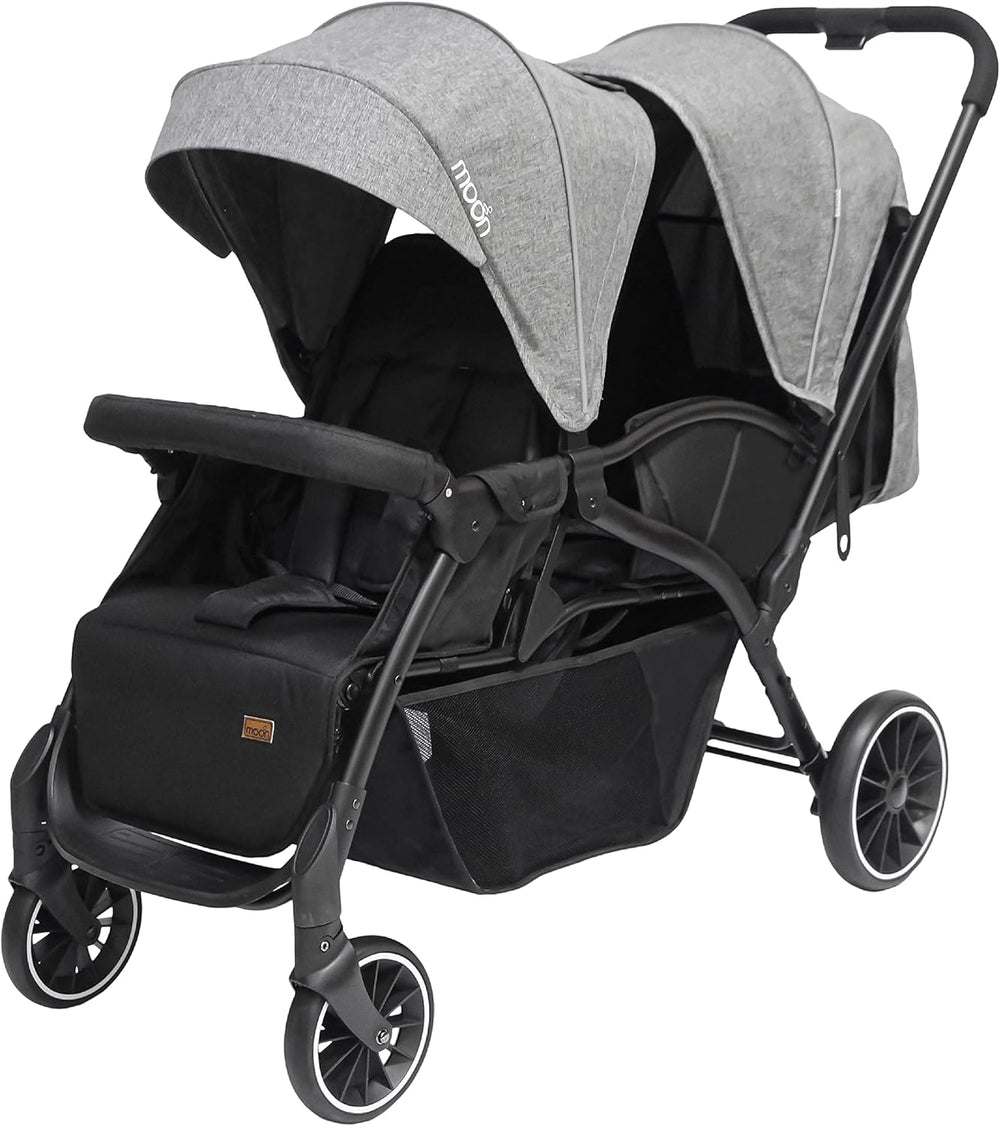 The Moon Brand Dois Tandem/Twin Stroller EasyFold Tandem Baby Trolley Double Stroller for Infant & Toddler Reclining Pushchair, Adjustable Canopy, 5Point Harness 0m+, Up to 15kg Grey