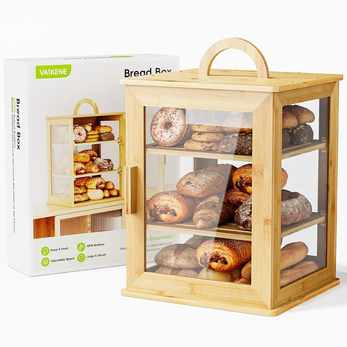 VA1KENE 3-Tier Bread Box for Kitchen Counter, Extra Large Farmhouse Bamboo Bread Storage with Adjustable Shelves and Handle, Easy to Clean, Ideal for Baked Goods