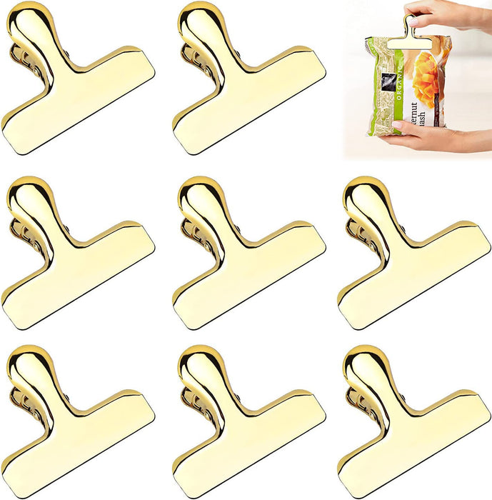 Bag Clips, 8Pcs Shiny Gold Bag Clips, Stainless Steel Heavy Duty Metal Bag Clip, Tightly Seals Chip, Coffee, Bread or Cereal Bags to Keep Food Fresh, For Home, Kitchen, Office, Pantry, Camping (Gold)