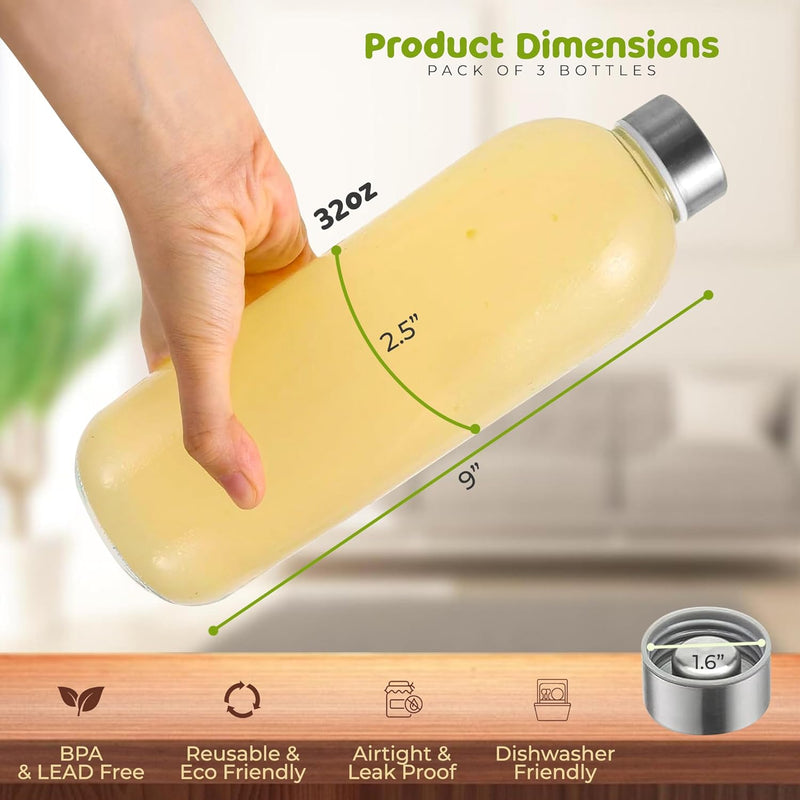 HOOJO® 1L Glass Water Bottles – Set of 3 Reusable 32oz Bottles with Leakproof Stainless Steel Lids – Durable Clear Glass for Juice, Tea, Milk, Smoothies & Hot or Cold Beverages