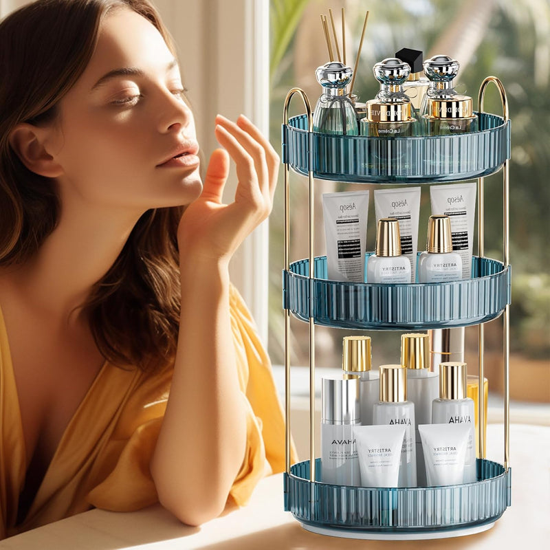 INVSSENE 360° Rotating Makeup Organizer, Bathroom Make Up Spinning Holder Rack, Large Capacity Cosmetics Storage Vanity Shelf Countertop, Fits Cosmetics, Perfume, Skincare, Lipsticks(2 Tiers, Green)