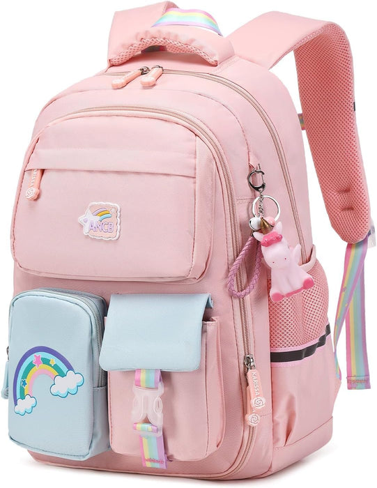 Azonee Backpack for Girls, Wide Open Elementary Primary Middle School Bags with Many Compartments, Safety Reflective Strip, Waterproof, Large Capacity, for Kids, Teens, Pink
