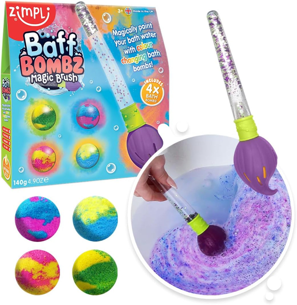 Zimpli Kids Baff Bombz Magic Brush from, 4 x Bath Bombs, Magically Paint your Bath Water, Creative Bath Toy for Children, Birthday Gifts for Boys & Girls, Pocket Money Toy, Moisturising Bath Fizzers