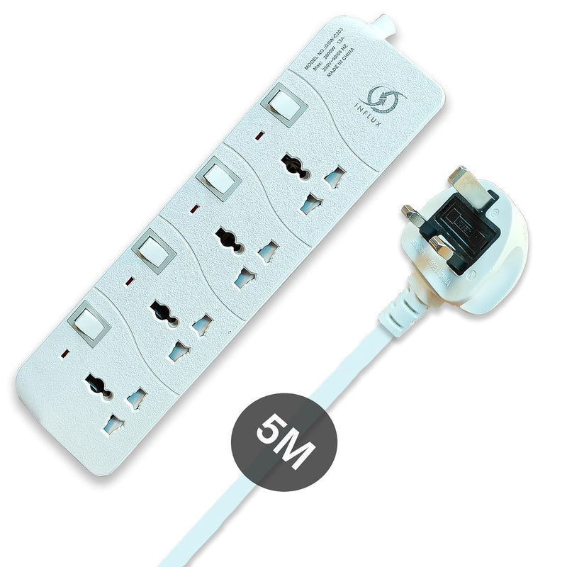 INFLUX Extension Cord with 4-Outlet - 5 Meter Multi Plug Extension Cable for Maximum Reach and Versatility - Power Strip with Universal Plug adapter and Heavy duty power Cord with 13A Fused plug.