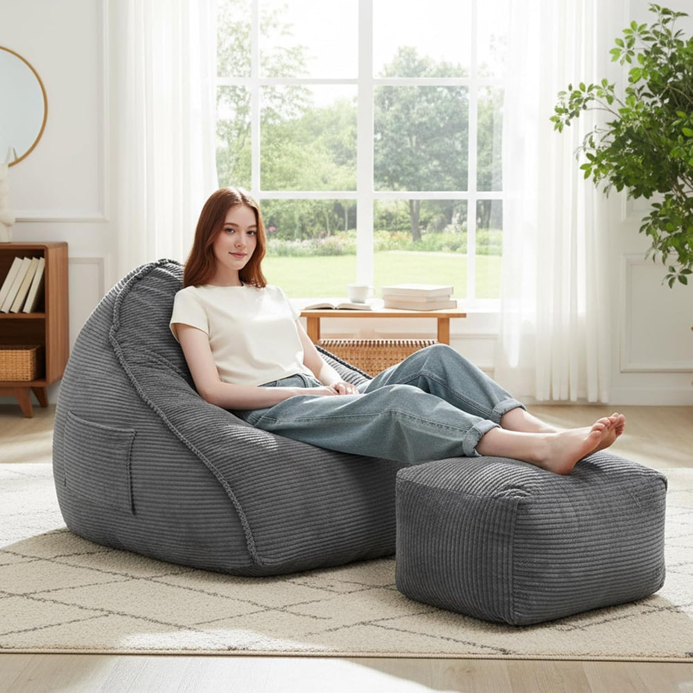 Cloud Bean Bag Chair with Ottoman for Adults, Comfy Corduroy Chaise Lounge Chair with High-Resilience Foam, Boneless Reading Chair for Bedroom & Living Room (Brown)