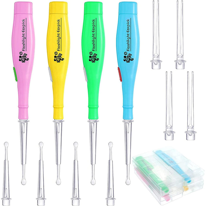 Nuanchu 4 Pieces Ear Wax Removal Tool with Light and Storage Case Earwax Spoon Safe Ear Pick Spoon Tweezer Ear Wax Removal Tool Kit with Flashlight for Adults