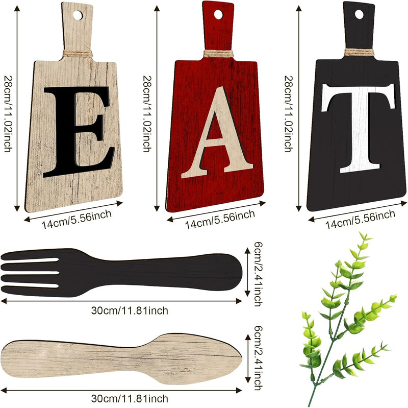 Jetec Cutting Board Eat Sign Set Hanging Art Kitchen Fork and Spoon Wall Decor Rustic Primitive Country Farmhouse for Home Decoration ()