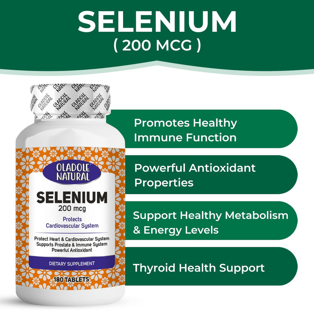 Oladole Natural Selenium- 200mcg (180 Tablets) Antioxidant Powerhouse For Immune System, Thyroid Support, Heart Health, Boost Energy Levels, Metabolism Support Non- GMO, Gluten Free