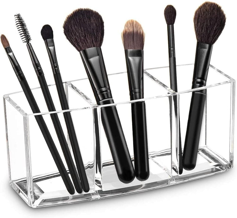 Sunnyrobby Acrylic Makeup Brush Organizer Clear Cosmetic Storage with 3 Slots Eye Liner Display Holder Clear Makeup Brush Holder