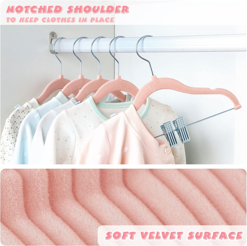 ManGotree 30 cm Baby Velvet Hangers with Movable Clips, Non-Slip Kids Felt Hangers, Ultra-Thin Space-Saving Children's Clothes Hangers for Skirts, Pants, Dresses, Shirts, Jackets (16 Pack, Pink)