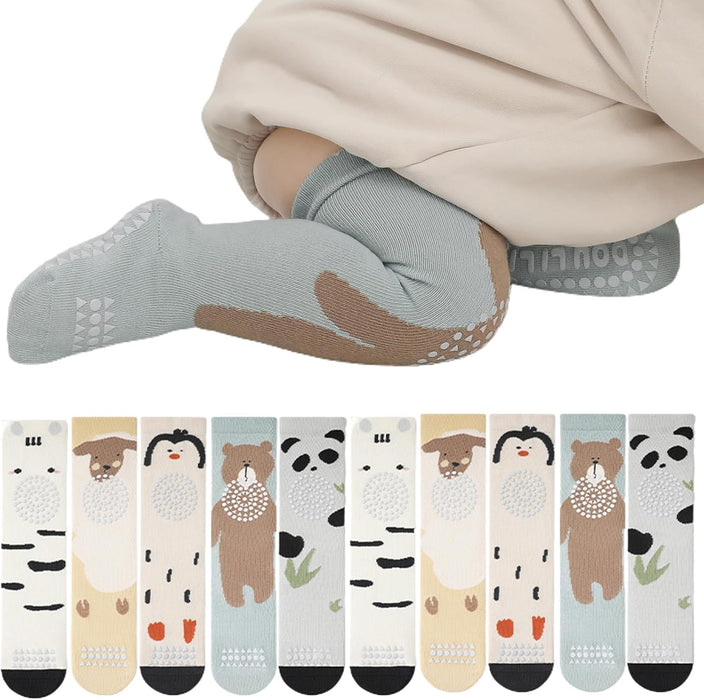Azonee Unisex Knee High Baby Socks, 5 Pairs Non-Slip Grippy Socks for Newborns and Toddlers, Ideal for Crawling and Early Walking, Cute and Comfortable