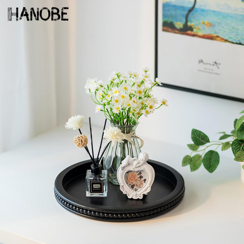 Hanobe Decorative Serving Tray Wood: White Washed Bead Round Tray Decor for Coffee Table Rustic Wooden Trays Farmhouse Centerpiece for Living Room Kitchen Counter