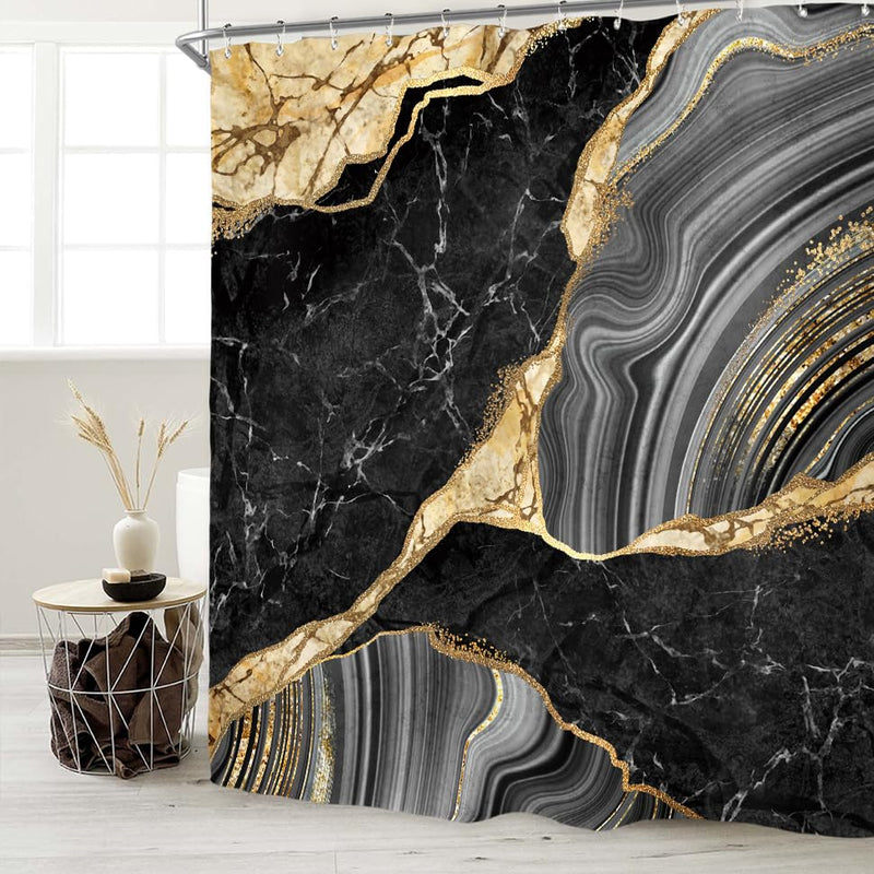 Miyotaa Black Gold Marble Shower Curtain Set 60Wx71H Inches Ink Texture Luxury Abstract Decorative Stone Polyester Waterproof Cloth Bathroom Curtain with 12 Hooks