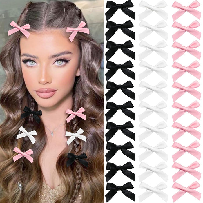 Tazweeq 30 Pcs Bow Hair Clips, 3 Colors Satin Mini Bowknot Hair, Accessories Cute Hair, Non-Slip Hair Clips, Mini Bowknot Hair, Bow Barrettes Ribbon Hairpins for Women Girls