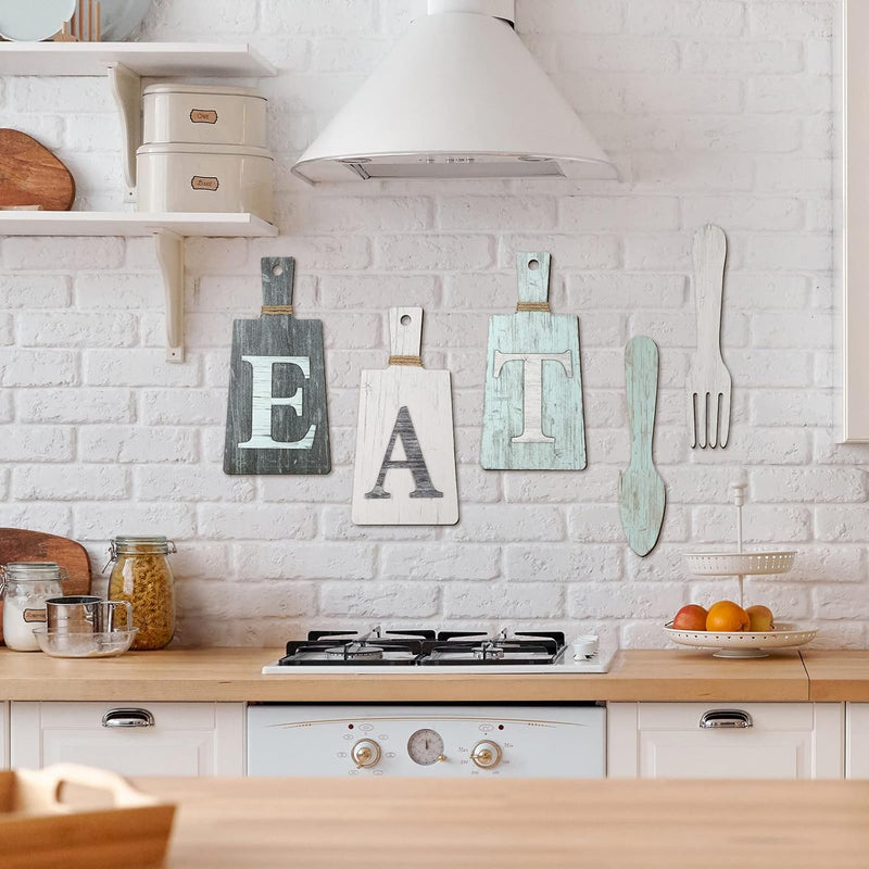 Jetec Cutting Board Eat Sign Set Hanging Art Kitchen Fork and Spoon Wall Decor Rustic Primitive Country Farmhouse for Home Decoration ()