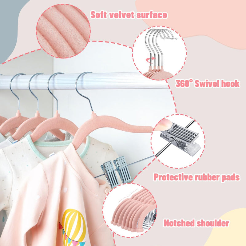 ManGotree 11.8'' Baby Velvet Hangers with Movable Clips, Non-Slip Kids Felt Hangers, Ultra-Thin Space-Saving Children's Clothes Hangers for Skirts, Pants, Dresses, Shirts, Jackets (7 Pack, Blue)