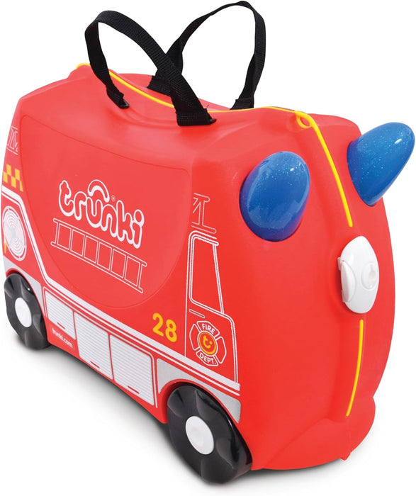 Trunki Rideon - Frank Fire Engine Suitcase - Durable ABS & Polypropylene Carry-On Luggage for Kids | Fun Travel Companion with Toy Storage - Perfect for Little Explorers - Flossi Flamingo (Red)