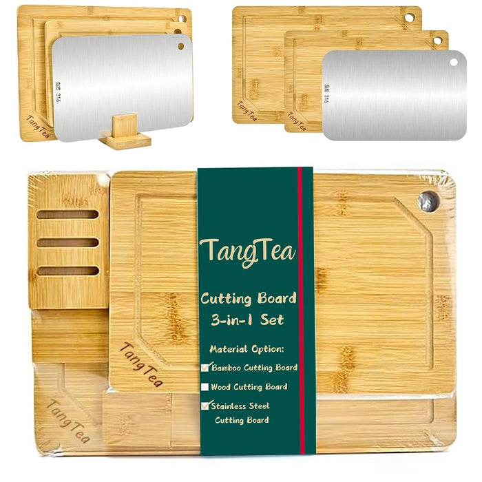 3-in-1 Bamboo Wood & Stainless Steel Cutting Board Set – Multipurpose Cutting Boards with Juice Groove for Kitchen Prep, Serving, and Chopping – Duable, Knife Friendly, Stylish Kitchen Accessories
