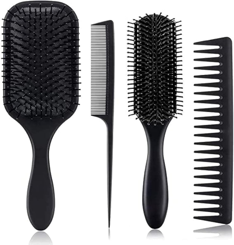 Homarket Paddle Hair Brush, Detangling Brush and Hair Comb Set for Men and Women, Great On Wet or Dry Hair (Black-4pcs)