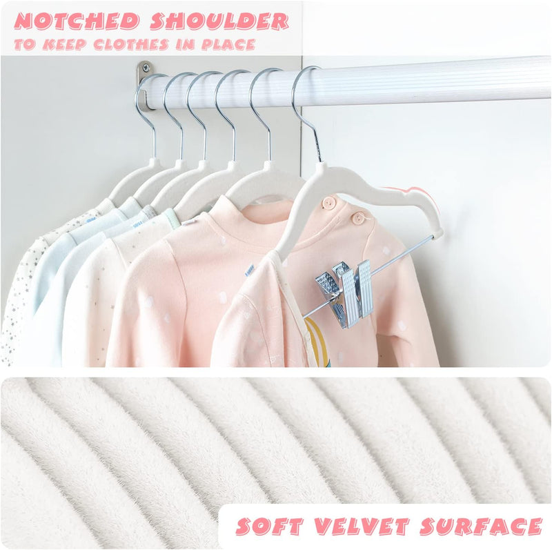 ManGotree 11.8'' Baby Velvet Hangers with Movable Clips, Non-slip Kids Clothes Hangers, Ultra-thin Space-saving Children's Felt Hangers for Shirts, Pants, Dresses, Skirts, Jackets (16 Pack, White)