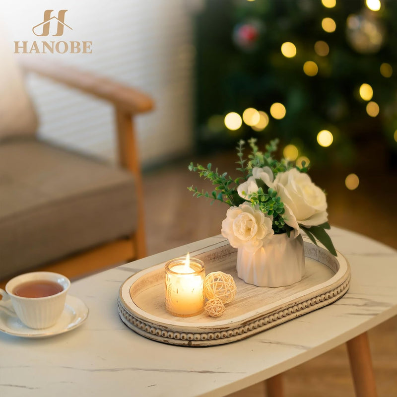 Hanobe Decorative Serving Tray Wood: White Washed Bead Round Tray Decor for Coffee Table Rustic Wooden Trays Farmhouse Centerpiece for Living Room Kitchen Counter