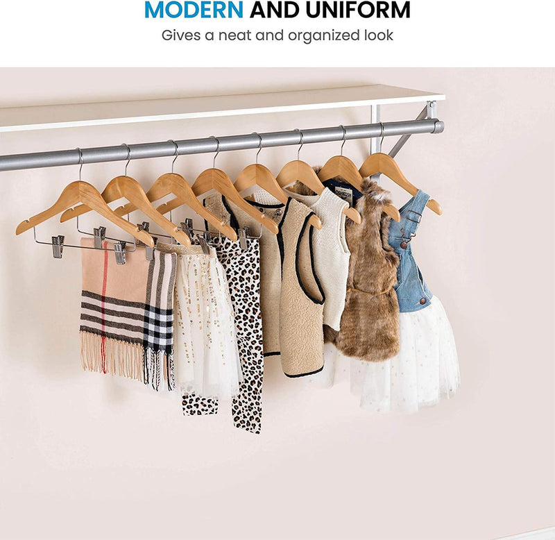 High-Grade Wooden Childrens/Kids Hangers with Clips (10 Pack) Smooth & Durable Wood Baby Hangers/Nursery Hangers - 12.5 Inch - 360° Hook & Cut Notches- Great Toddler Hanger for Dress Skirts Pants