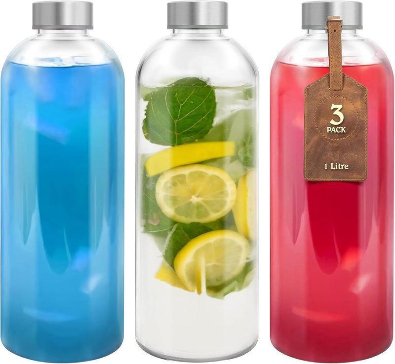HOOJO® 1L Glass Water Bottles – Set of 3 Reusable 32oz Bottles with Leakproof Stainless Steel Lids – Durable Clear Glass for Juice, Tea, Milk, Smoothies & Hot or Cold Beverages