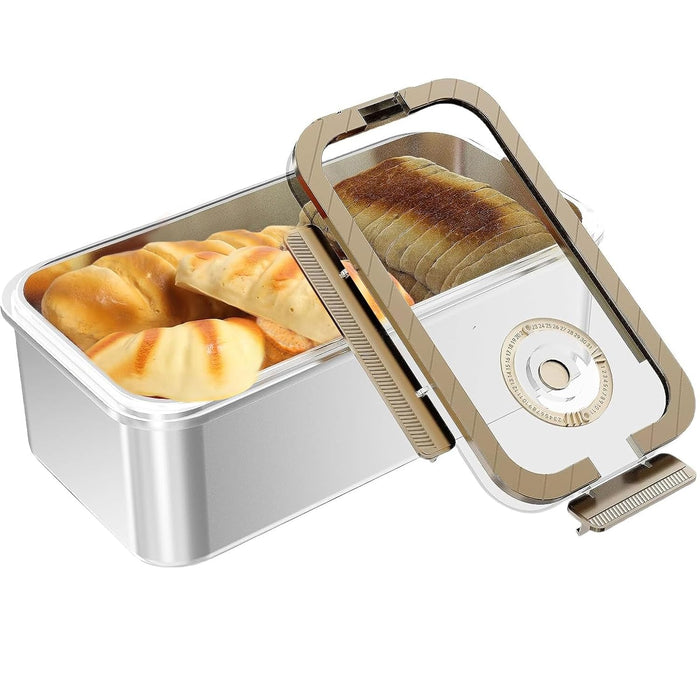 Angju Bakeable 304 Stainless Steel Bread Box for Homemade Bread, Portable Time Recording Bread Storage Container with Airtight Lid, Double Folding Handles Bread box for Kitchen Countertop, Bun, Bagel